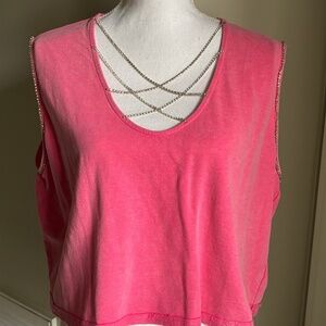 Hot Pink Mineral Wash Crop Top Rhinestone Crossfront